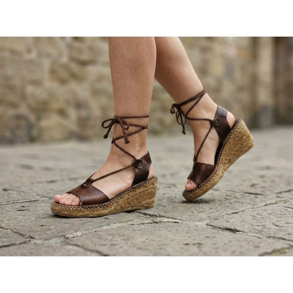 Eric Michael Made in Spain Brown Leather Lace Up Espadrille Wedge Sandals US 8